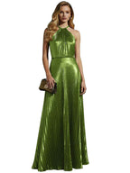 Gold Metallic Halter Pleated Long Prom Dress