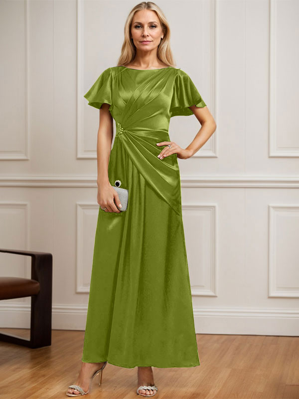 Robe de mère de la mariée en satin extensible, longueur cheville, en ligne A, décolleté arrondi, ornée de perles plissées