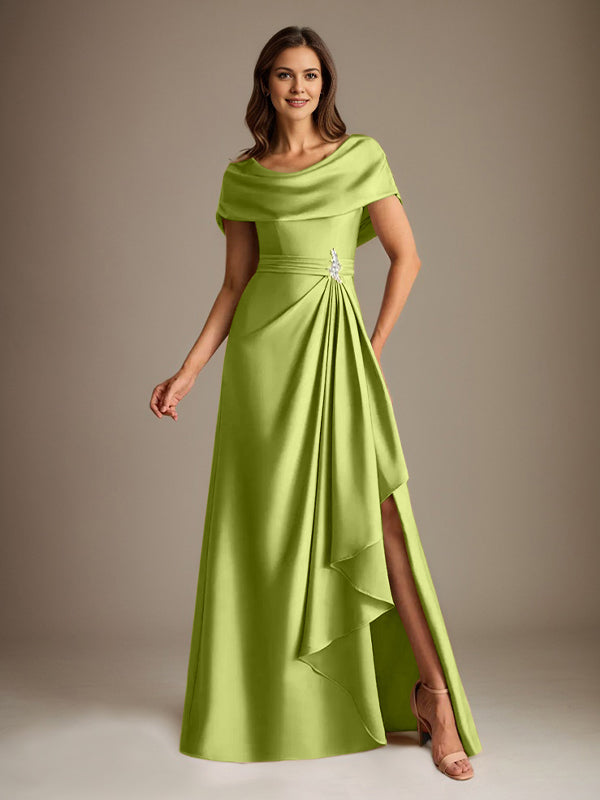 Robe de mère de la mariée en satin extensible, longueur au sol, coupe en A avec encolure dégagée et volants en cascade