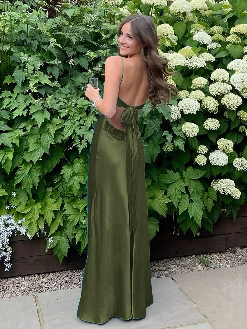 Blue A Line V Neck Beaded Back Tie Long Prom Dress