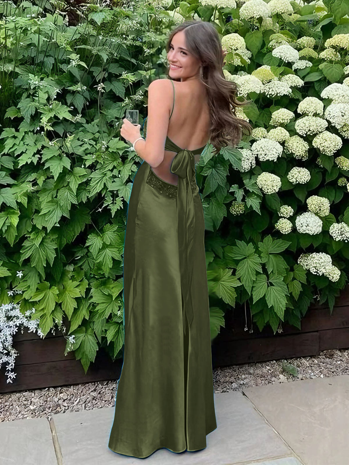 Blue A Line V Neck Beaded Back Tie Long Prom Dress