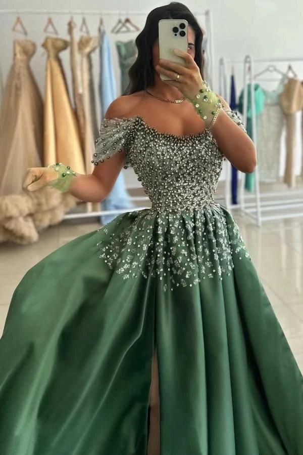 Olive Green Satin Off Shoulder Ball Gown Prom Dress Beaded Corset Sequin Skirt