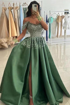 Olive Green Satin Off Shoulder Ball Gown Prom Dress Beaded Corset Sequin Skirt