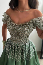 Olive Green Satin Off Shoulder Ball Gown Prom Dress Beaded Corset Sequin Skirt