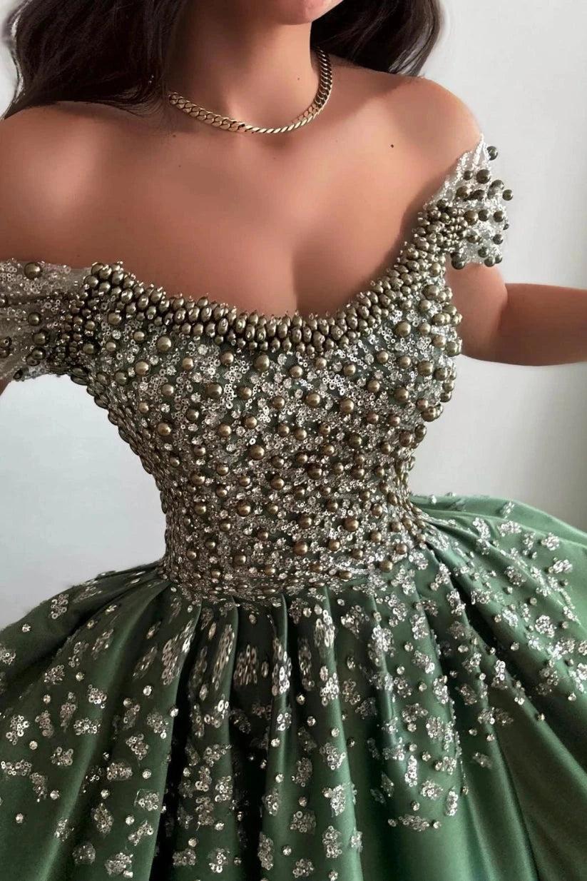 Olive Green Satin Off Shoulder Ball Gown Prom Dress Beaded Corset Sequin Skirt
