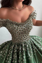 Olive Green Satin Off Shoulder Ball Gown Prom Dress Beaded Corset Sequin Skirt
