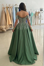 Olive Green Satin Off Shoulder Ball Gown Prom Dress Beaded Corset Sequin Skirt