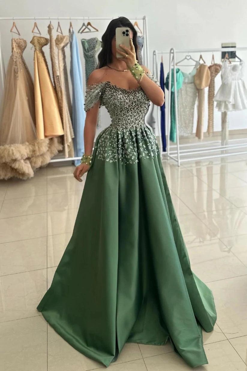 Olive Green Satin Off Shoulder Ball Gown Prom Dress Beaded Corset Sequin Skirt