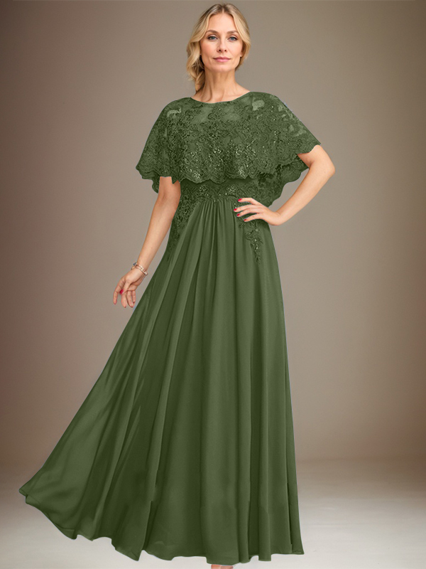 Robe de mère de la mariée en mousseline de soie à dentelle, longueur au sol, en ligne A, col bateau, ornée d'appliques à paillettes