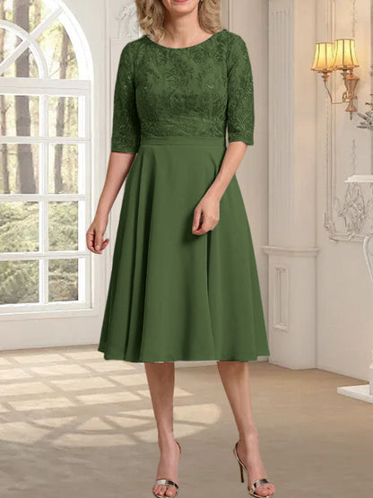 A-Linie U-Ausschnitt Knielang Chiffon Spitzenkleid für die Brautmutter