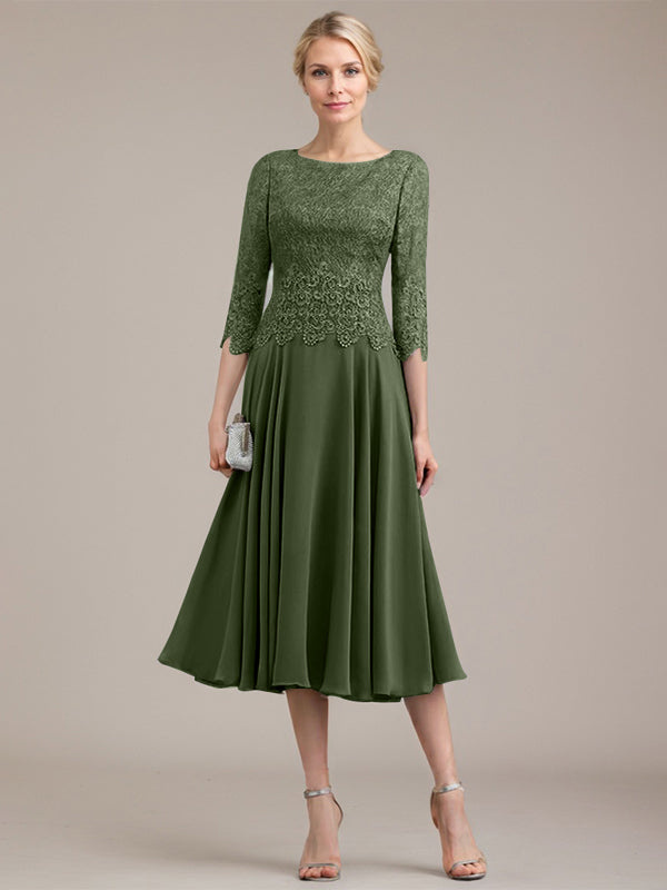 A-Linie U-Ausschnitt Wadenlang Chiffon-Kleid für die Brautmutter 