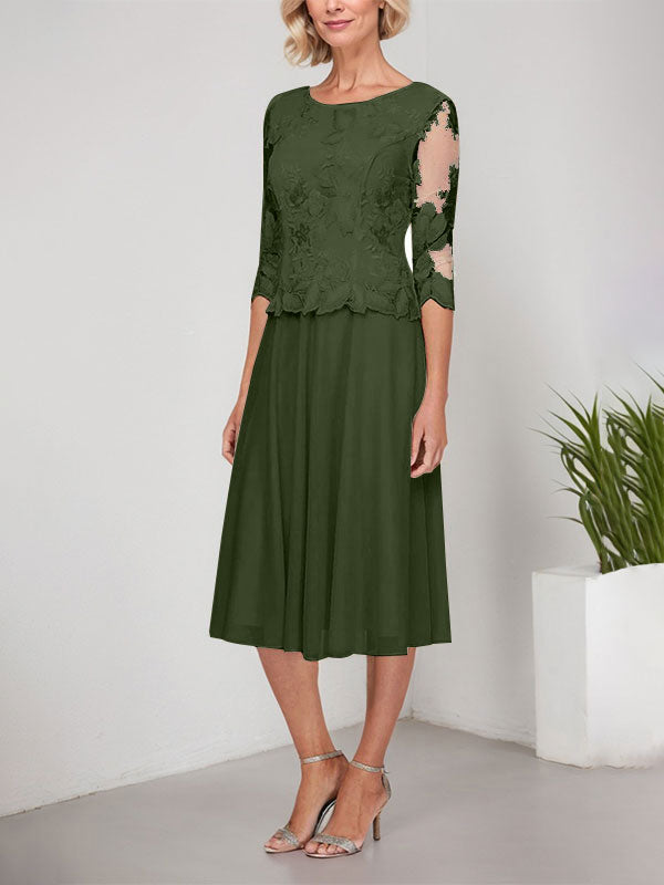 A-Linie U-Ausschnitt Wadenlang Spitzen Chiffon Mutter der Braut Kleid mit Stickerei 