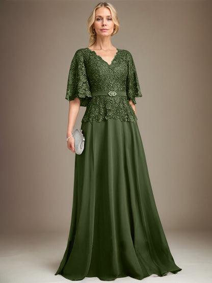 A-Linie V-Ausschnitt Bodenlang Chiffon Spitze Mutter der Braut Kleid Mit Kristall Brosche Strass 