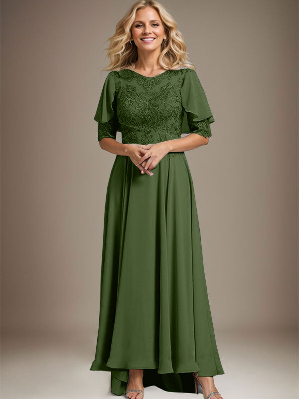 Robe de mère de la mariée en mousseline et dentelle asymétrique à encolure dégagée en ligne A avec perles