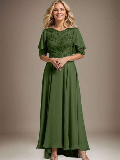 A-Linie U-Ausschnitt Illusion Asymmetrisch Chiffon Spitze Mutter der Braut Kleid mit Perlen 