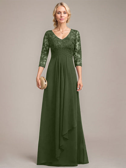 Vestido de madre de la novia de gasa con encaje, escote en V, largo hasta el suelo, con volantes en cascada y lentejuelas 