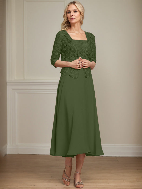 A-Linie Quadratisches Wadenlanges Chiffon-Spitzenkleid für die Brautmutter mit Pailletten und Perlen 