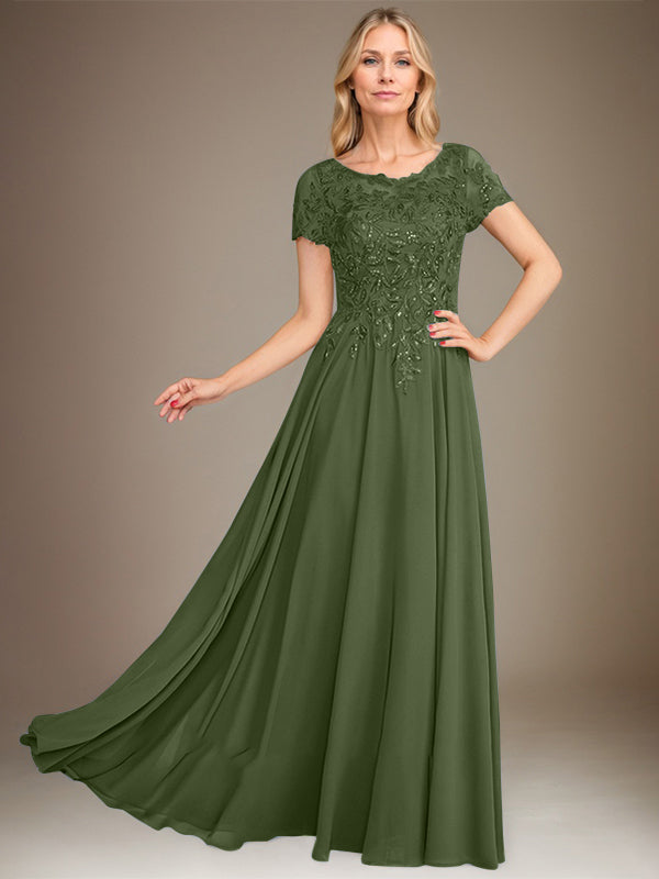 Robe de mère de la mariée en mousseline, longueur au sol, coupe en A, décolleté arrondi, ornée d'appliques et de paillettes