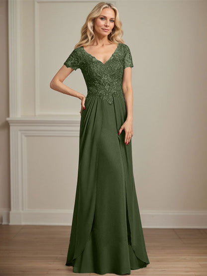 A-Linie V-Ausschnitt Bodenlanges Chiffon-Spitzenkleid für die Brautmutter