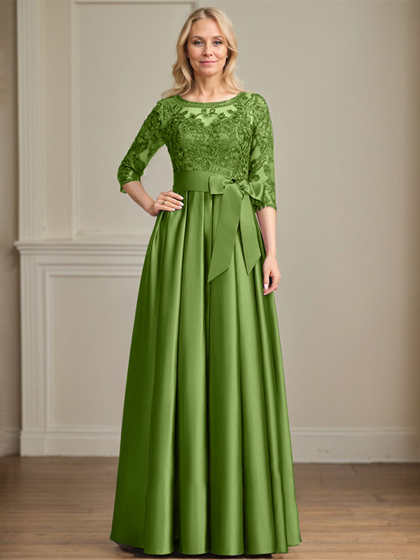 A-Linie, U-Ausschnitt, Illusion, bodenlanges Satin-Spitzenkleid für die Brautmutter mit Paillettenschleife 