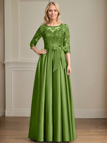 A-Linie, U-Ausschnitt, Illusion, bodenlanges Satin-Spitzenkleid für die Brautmutter mit Paillettenschleife 