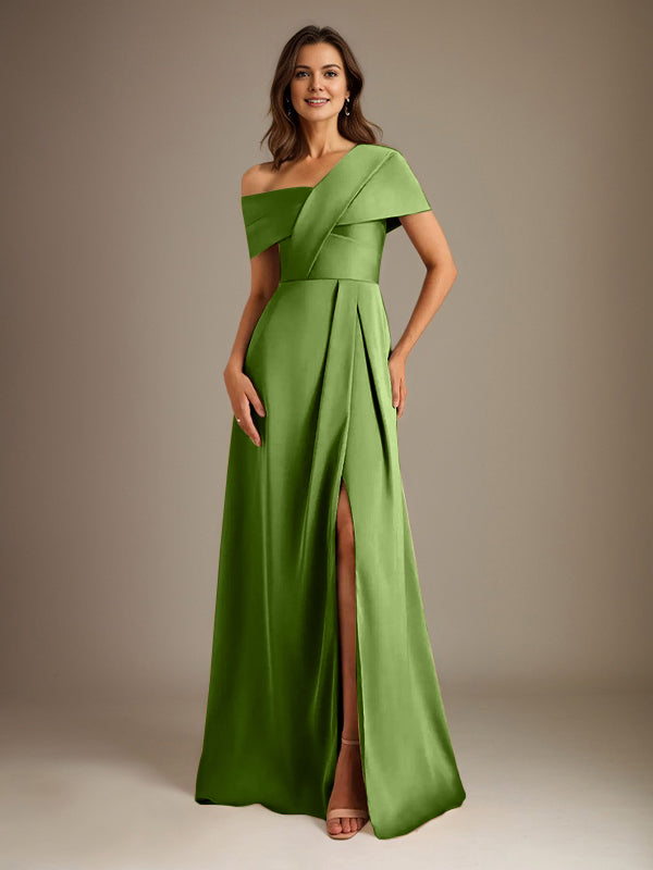 Robe de mère de la mariée en satin, longueur au sol, encolure asymétrique en ligne A avec plis