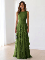 Sky Blue Tiered Chiffon Evening Maxi Dress With Ruched Bodice