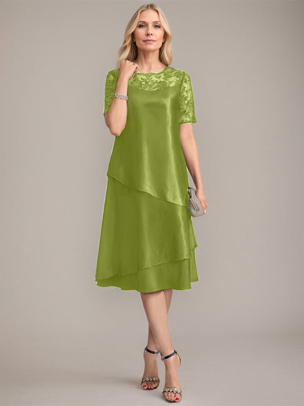 Robe de mère de la mariée ligne A, longueur genou, encolure dégagée avec appliqué et paillettes