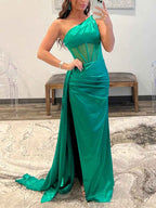 One Shoulder Satin Corset Prom Dress With High Slit