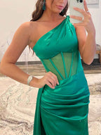 One Shoulder Satin Corset Prom Dress With High Slit