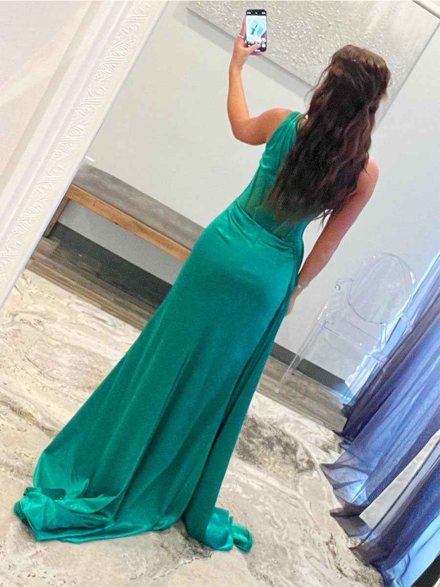 One Shoulder Satin Corset Prom Dress With High Slit