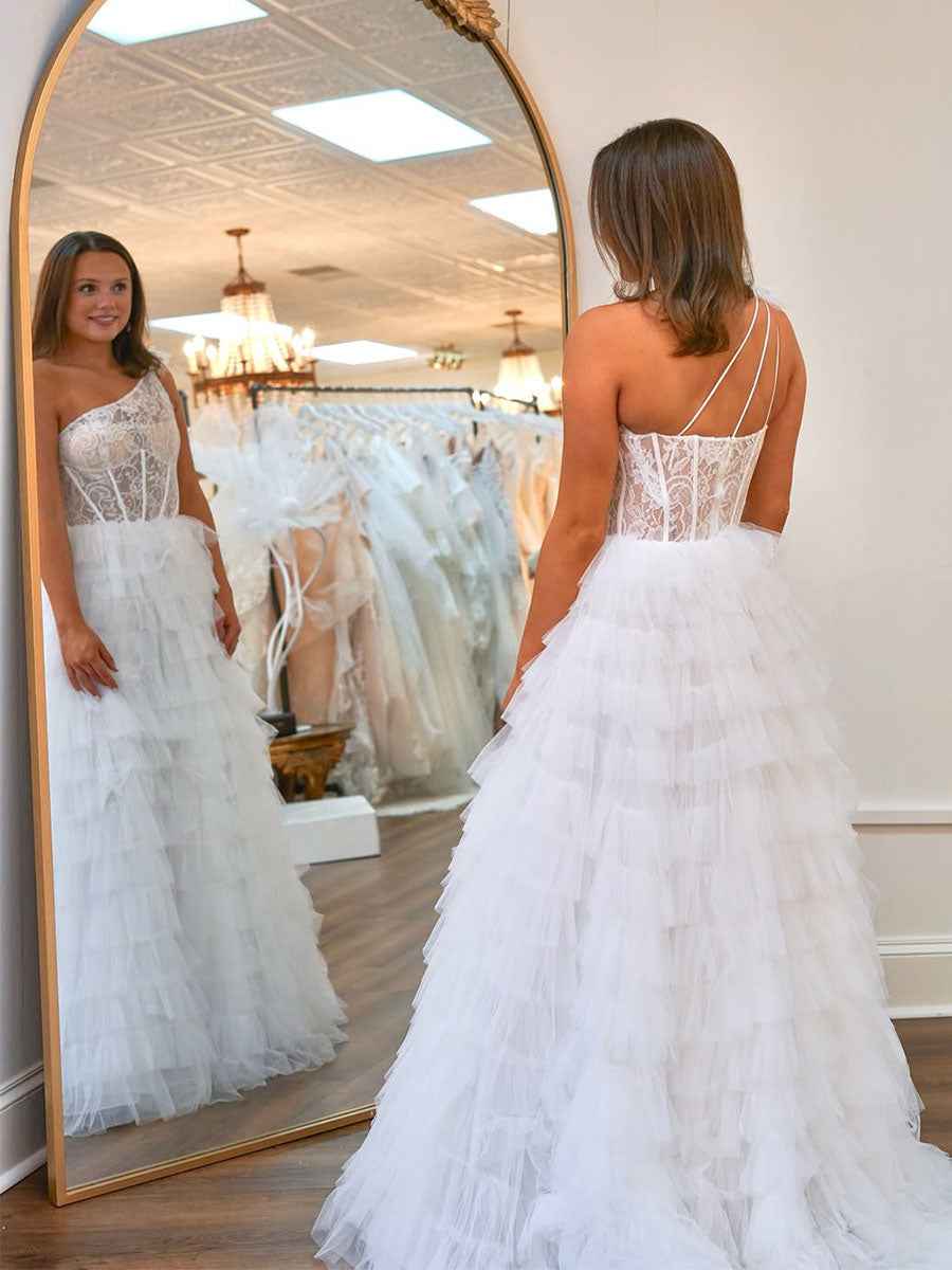 One Shoulder Sheer Lace Corset Tiered Tulle Prom Dress