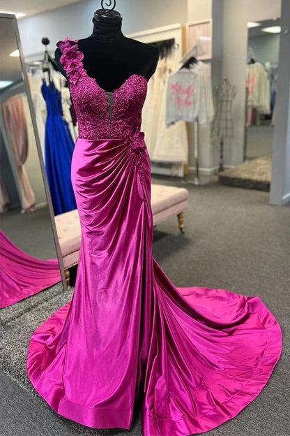 Vestido de fiesta rojo plisado con encaje floral 3D de un solo hombro y abertura