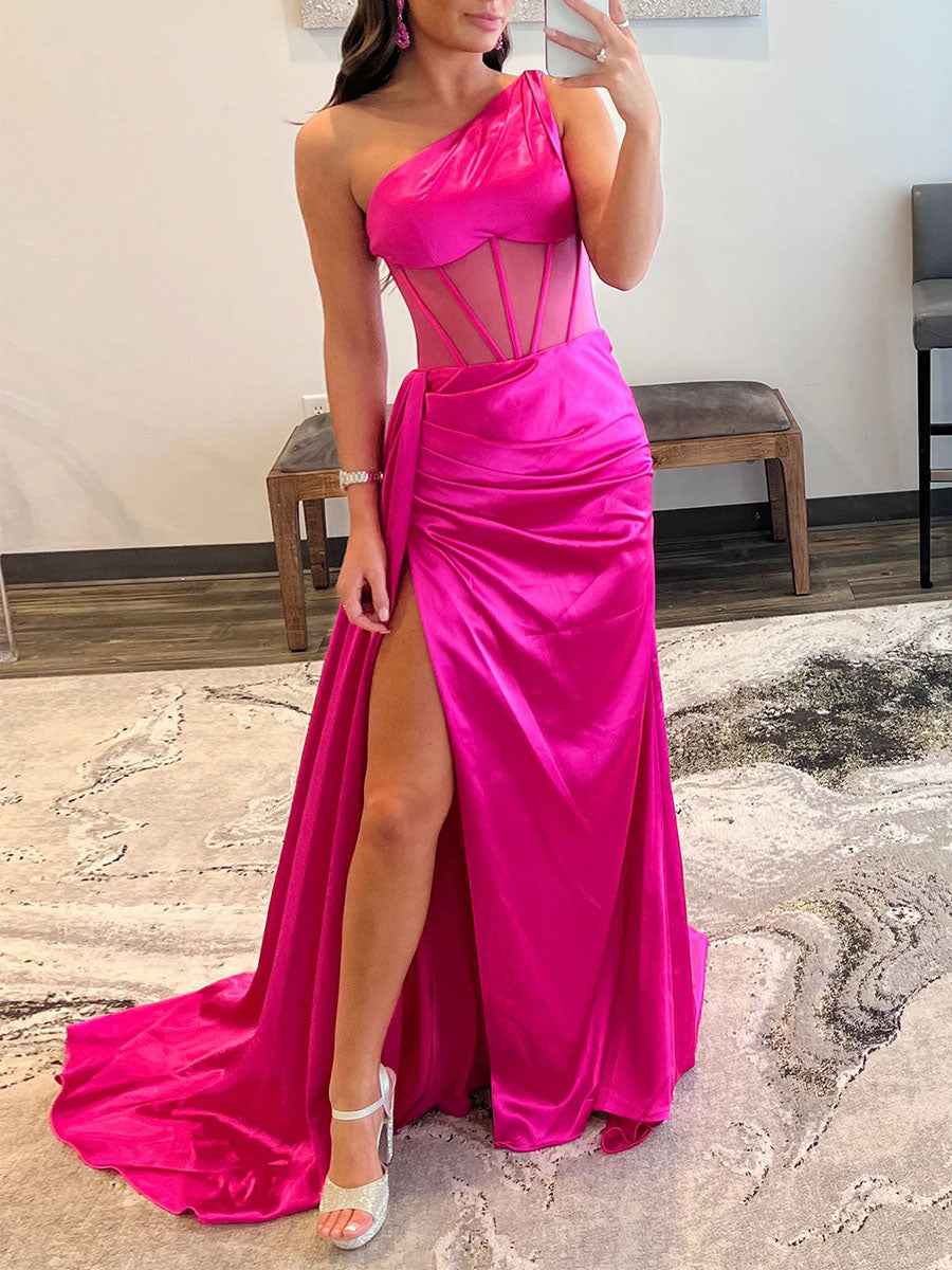 One Shoulder Satin Corset Prom Dress With High Slit