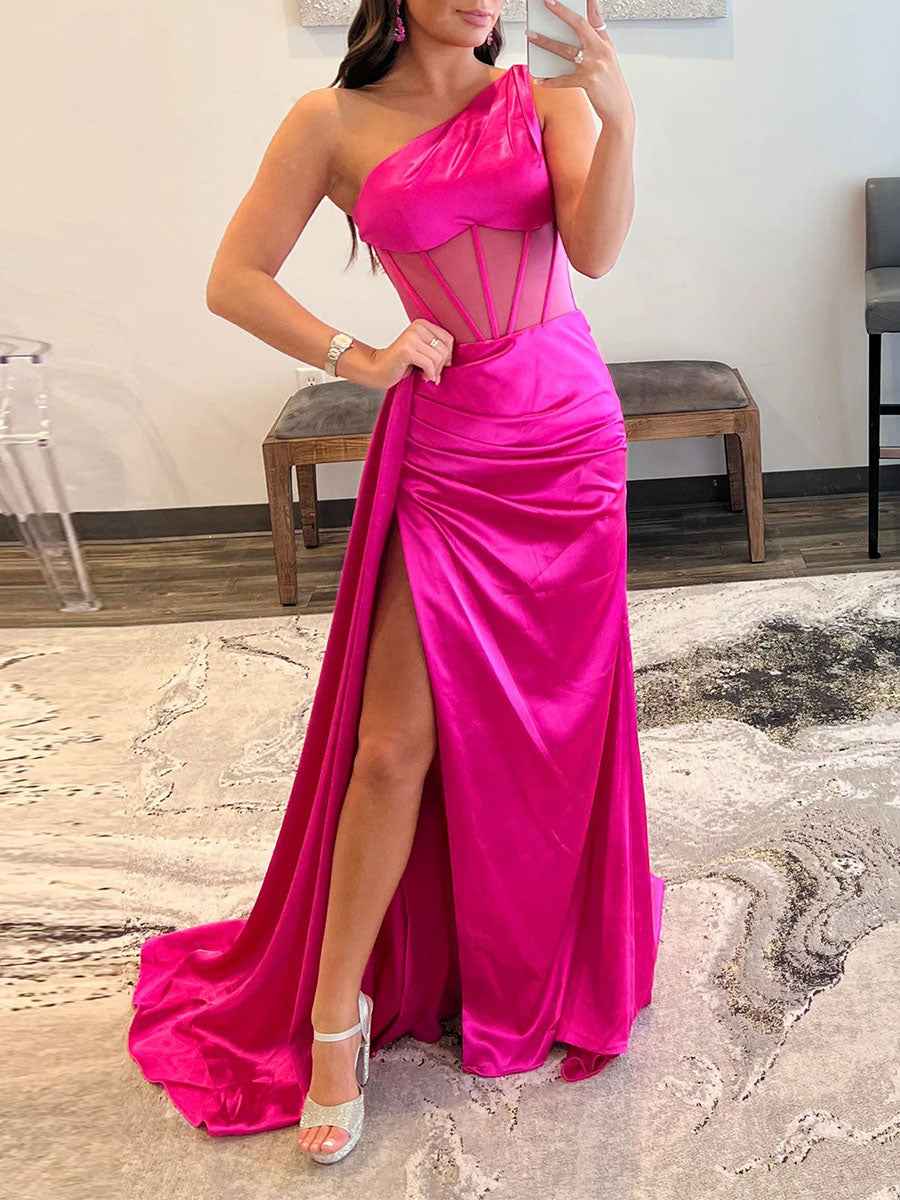 One Shoulder Satin Corset Prom Dress With High Slit