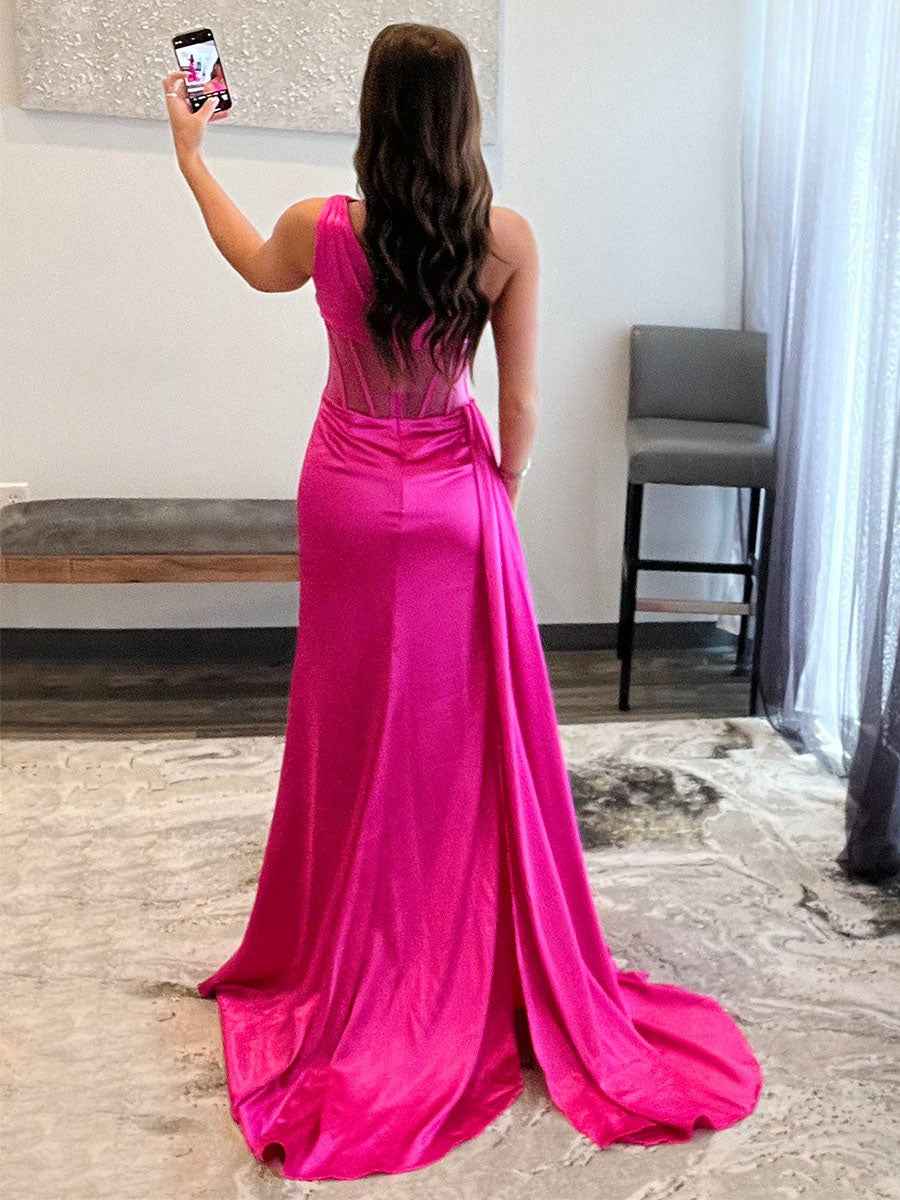 One Shoulder Satin Corset Prom Dress With High Slit