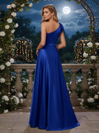 Royal Blue One Shoulder Satin Formal Long Dress With Slit