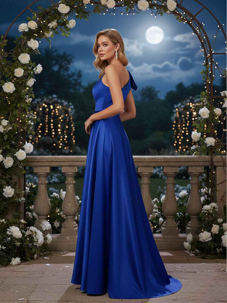 Royal Blue One Shoulder Satin Formal Long Dress With Slit