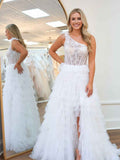 One Shoulder Sheer Lace Corset Tiered Tulle Prom Dress