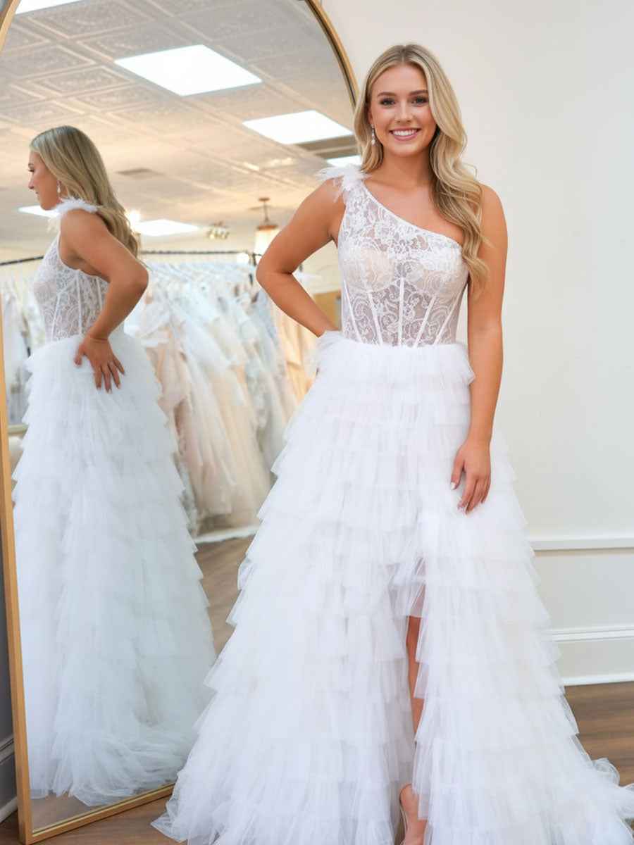 One Shoulder Sheer Lace Corset Tiered Tulle Prom Dress