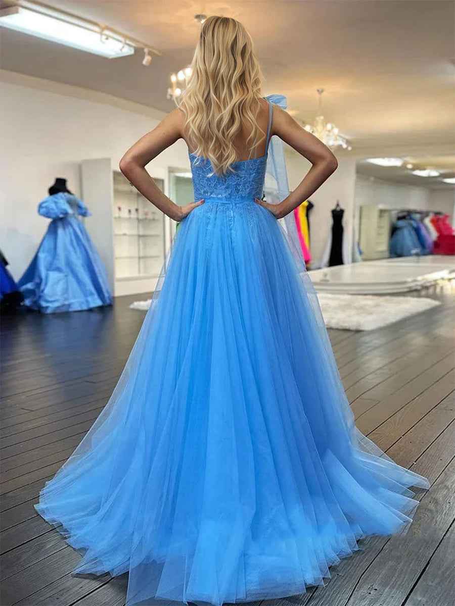 Blue One Shoulder Lace Ruched A Line Tulle Prom Dress With Bow