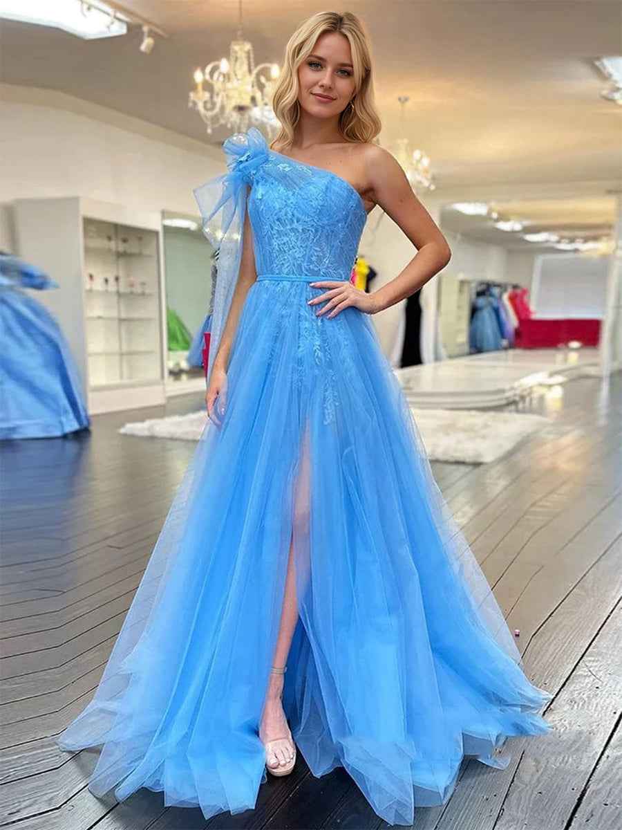 Blue One Shoulder Lace Ruched A Line Tulle Prom Dress With Bow