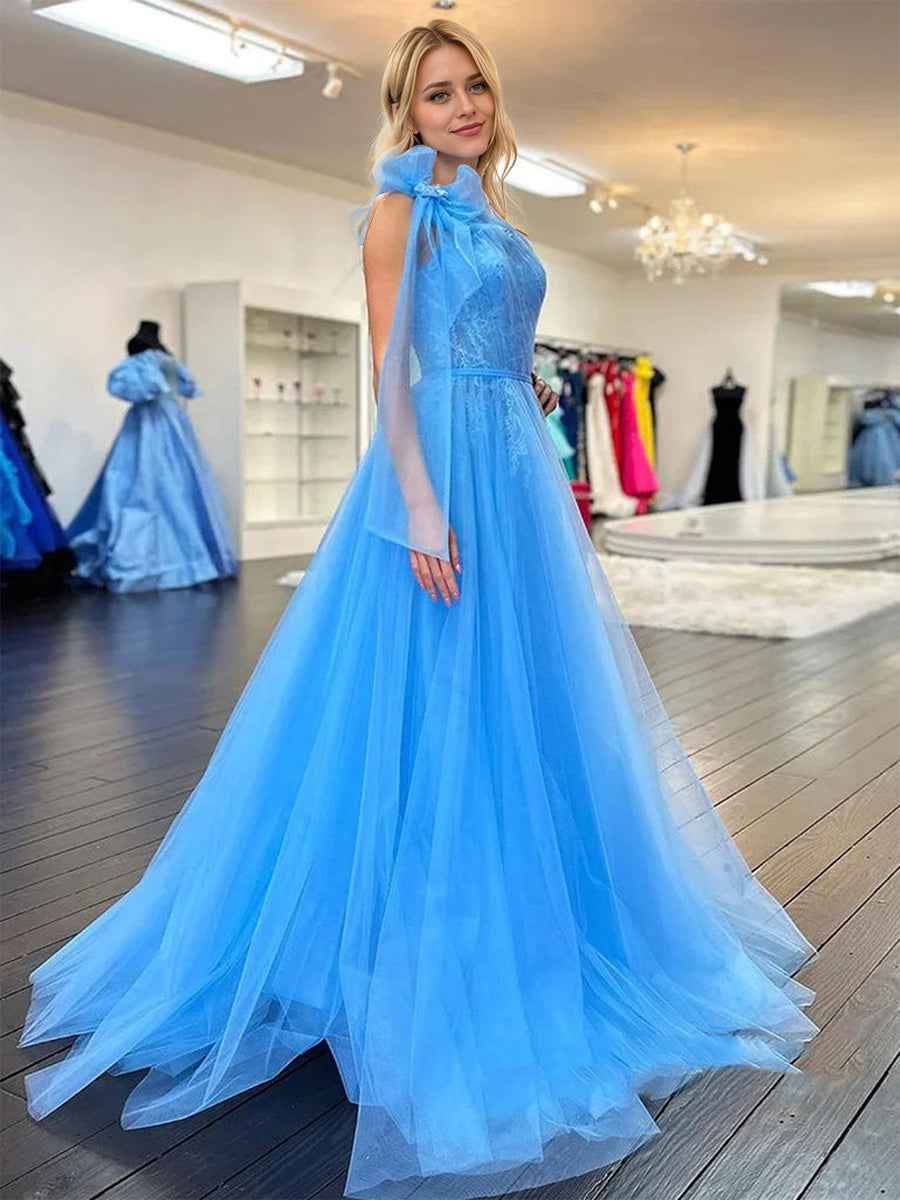 Blue One Shoulder Lace Ruched A Line Tulle Prom Dress With Bow