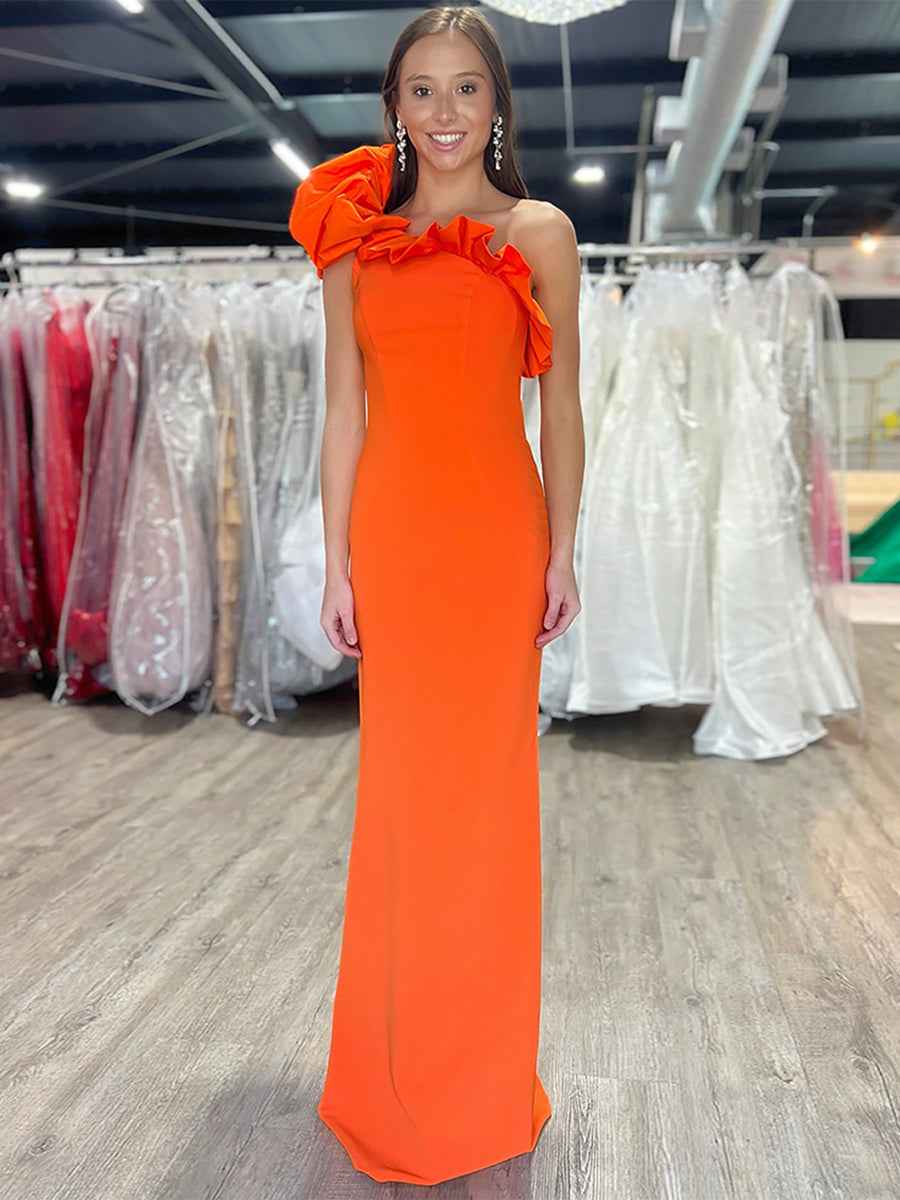 One Shoulder Satin Mermaid Prom Dress With Ruffled Accent