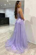 One Shoulder Purple Blue Lace Split Prom Dresses Evening Dresses
