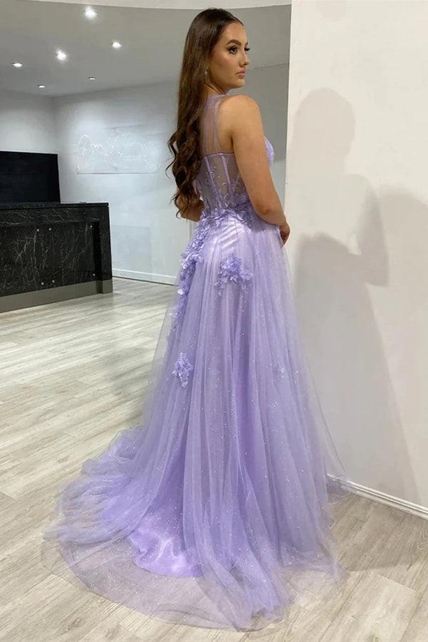 One Shoulder Purple Blue Lace Split Prom Dresses Evening Dresses