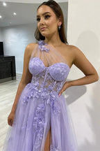 One Shoulder Purple Blue Lace Split Prom Dresses Evening Dresses