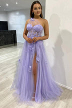 One Shoulder Purple Blue Lace Split Prom Dresses Evening Dresses