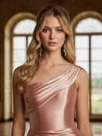 One Shoulder Pleated Satin Formal Dress For Evening Events