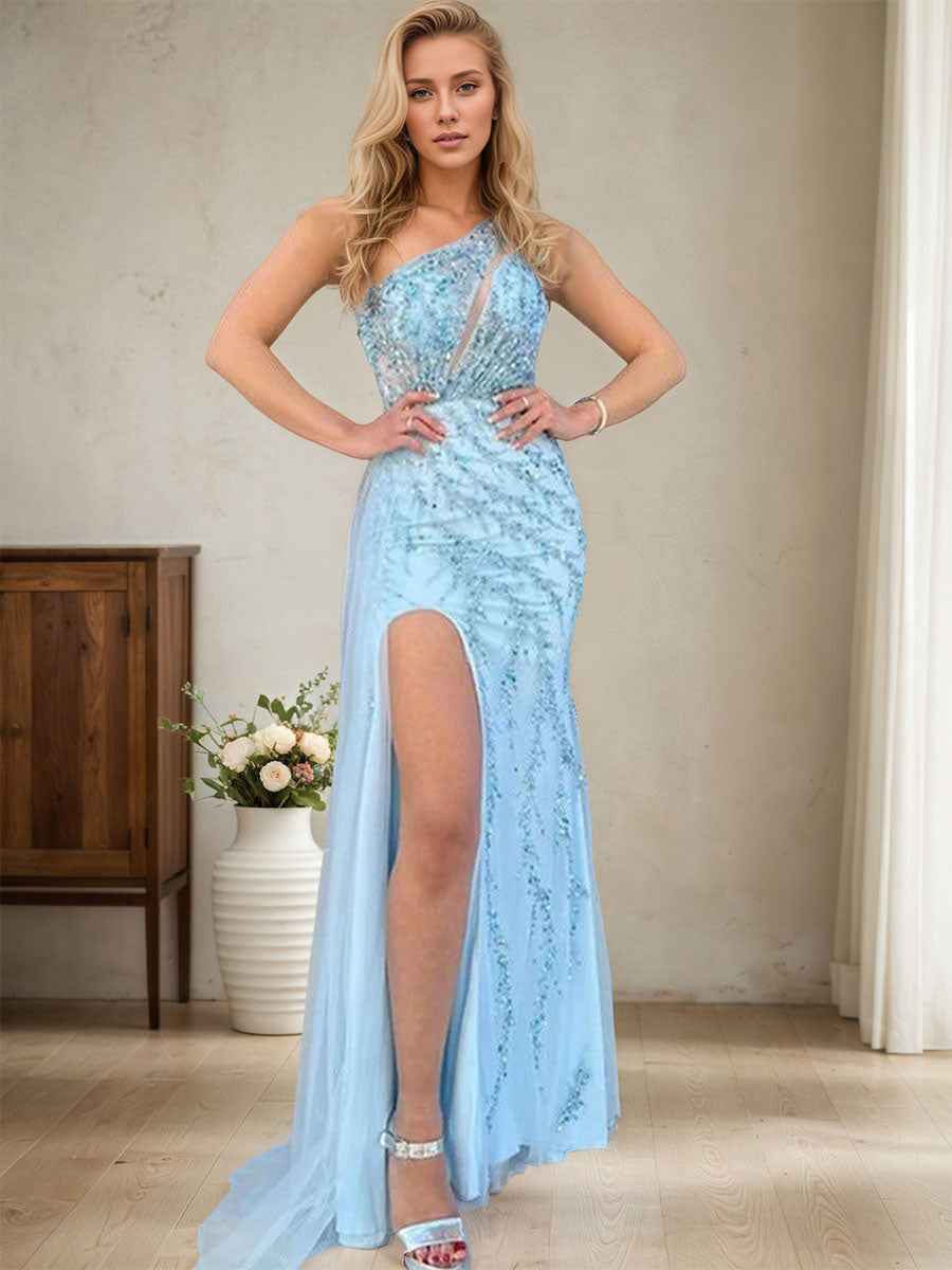 Light Blue One Shoulder Tulle Mermaid Prom Dress With Slit Beadwork And Sequins